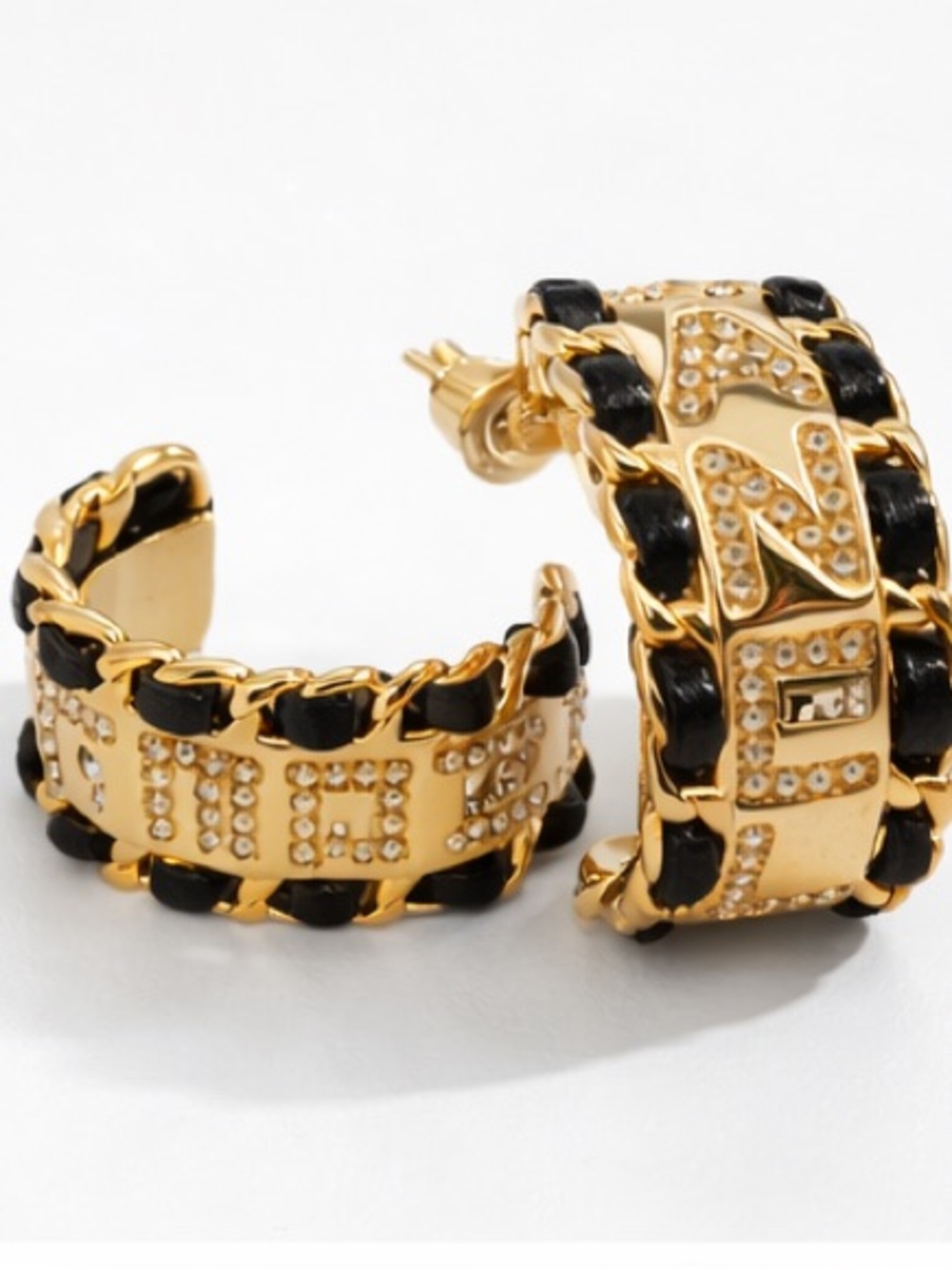 Designer Inspired Logo Chain Hoop Earrings Gold Black Rhinestone - Picture 2 of 5